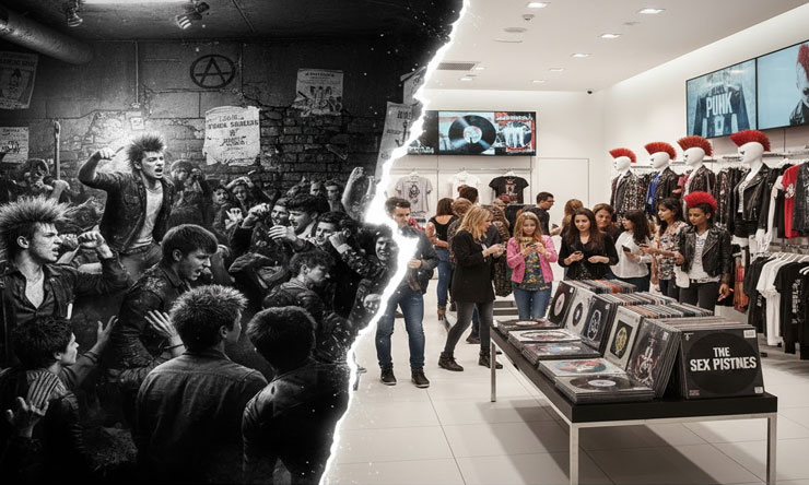 Visual Contrast Between Early Punk Rebellion Scenes And Modern Retail Fashion Inspired By Punk Aesthetics
